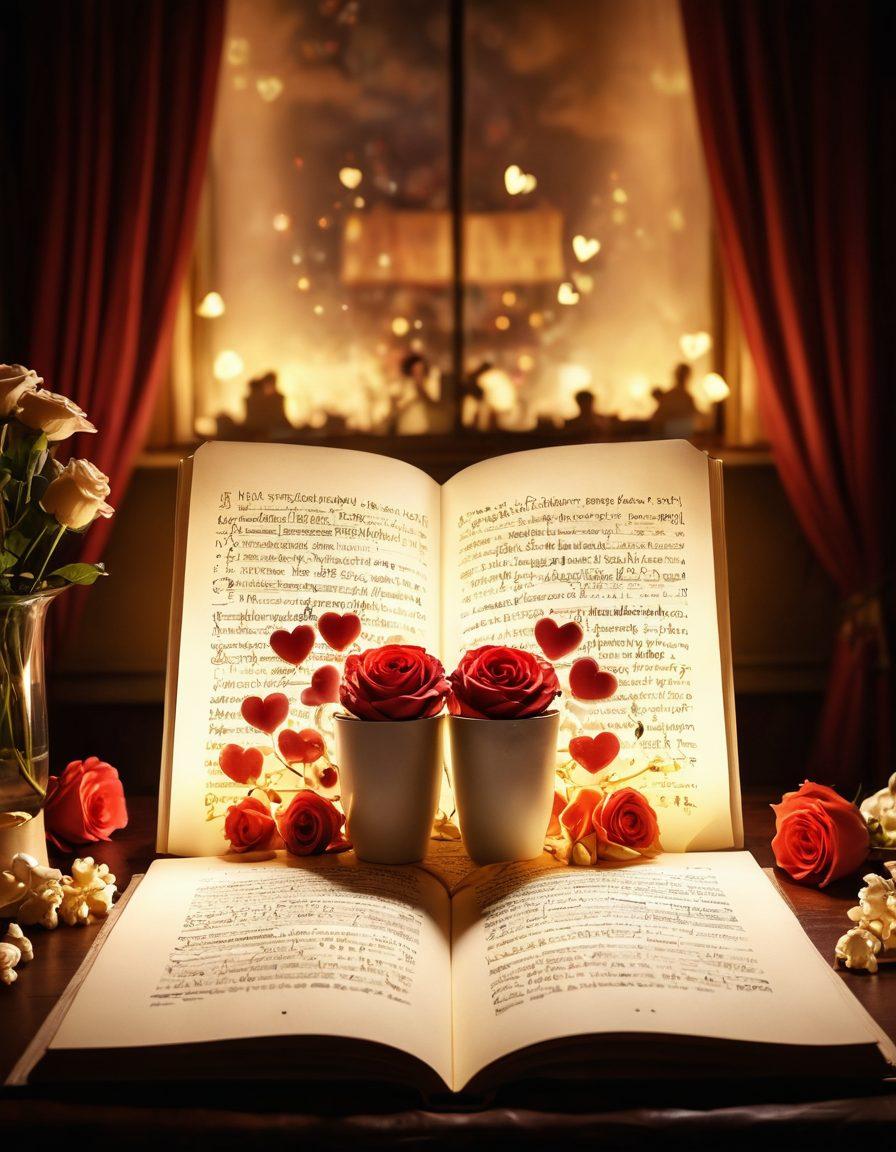 A beautifully arranged film script surrounded by romantic symbols such as hearts and roses, with a warm glowing light illuminating the pages. In the background, soft silhouettes of a couple watching a romantic movie, while film reels and popcorn are scattered artfully around them. The scene conveys a sense of creativity and emotion, inviting viewers into the world of romantic storytelling. painterly style. warm colors. dreamy atmosphere.