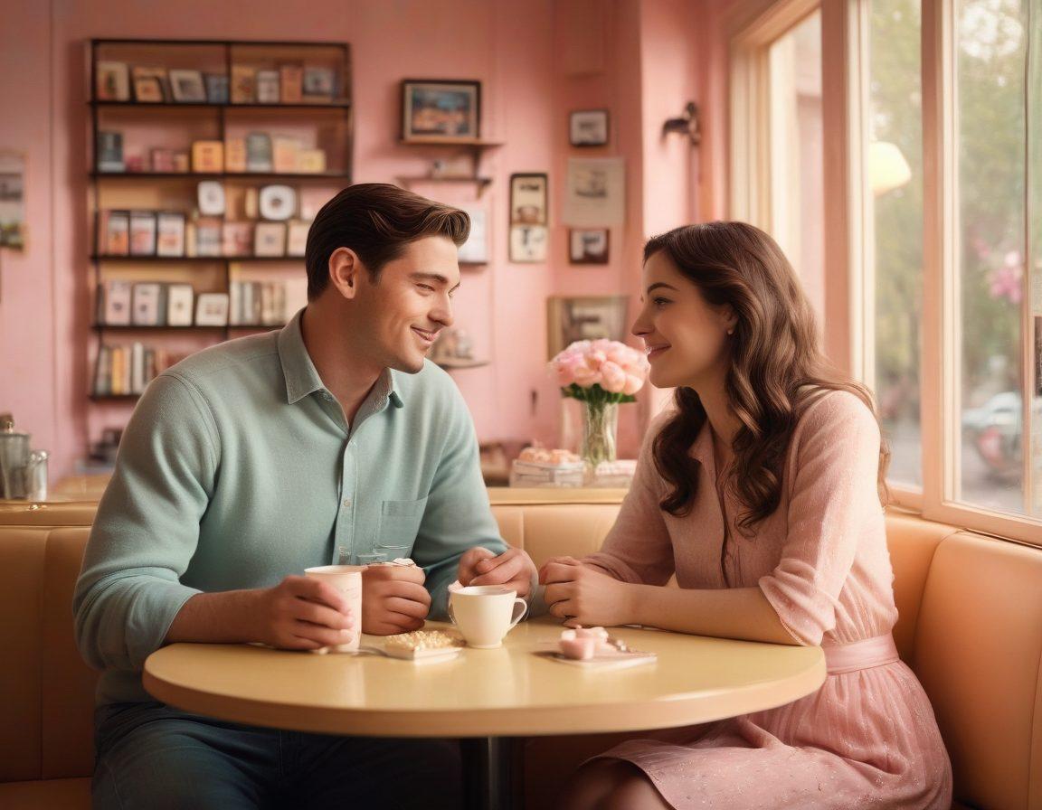 A romantic scene featuring a couple sharing a heartfelt moment in a cozy café, surrounded by vintage film reels and dreamy pastel-colored background. Soft lighting enhances the emotional ambiance, with subtle hints of iconic romantic comedy elements like a blooming rose and popcorn. Incorporate storytelling motifs like open books and film strips that intertwine around the couple. super-realistic. vibrant colors. warm tones.