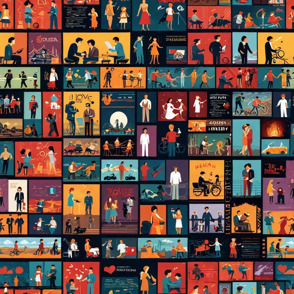 A visually captivating collage depicting the evolution of love stories in film, featuring scenes of passionate couples from various cinematic eras, film reels flowing seamlessly between them, a heart overlay connecting the scenes, vibrant film set backgrounds, and subtle hints of iconic film equipment. pixel art. vibrant colors. cinematic style.